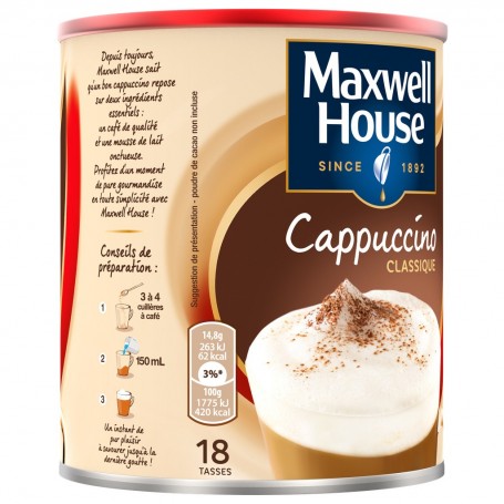 MAXWELL HOUSE CAPPUCCINO CLASSIQUE CAFE SOLUBLE BOITE EN FER 280 GR