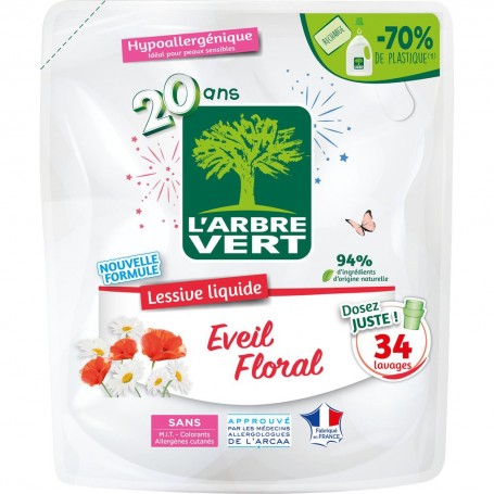L'Arbre Vert Recharge Lessive Ecolabel Eveil Floral - Hypoallergénique - 34 Lavages - 94% d'ingrédients d'origine naturelle - 1