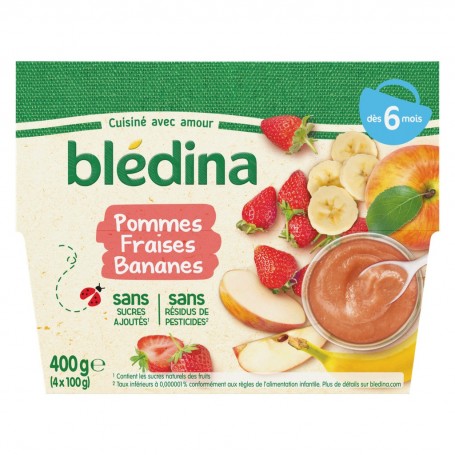BLEDINA COUPELLES FRUITS Pommes Fraises Bananes 4x100g Dès 6 Mois