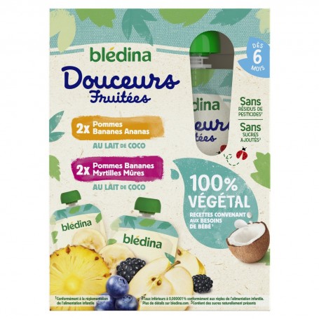BLEDINA GOURDES FRUITS Douceurs Fruitées 100% Végétal 2 Pommes Bananes Ananas / 2 Pommes Bananes Myrtilles Mûres 4x90g Dès 6 mo