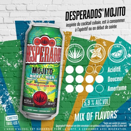 Desperados Mojito - Bière aromatisée à un spiritueux à base d'agave, Menthe, Citron vert - 50cl - 5.9