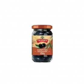 Tramier olives noires confites dénoyautées égouttées de variété Hojiblanca sans saumure sans conservateur bocal en verre 150g