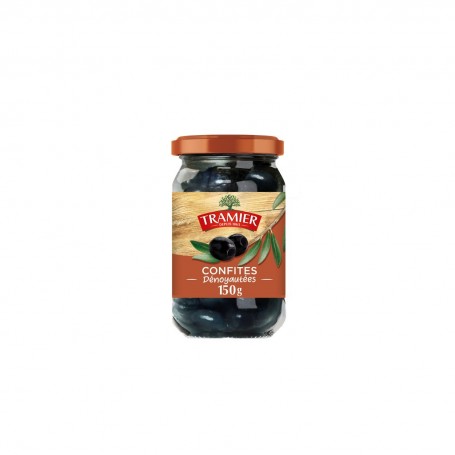 Tramier olives noires confites dénoyautées égouttées de variété Hojiblanca sans saumure sans conservateur bocal en verre 150g